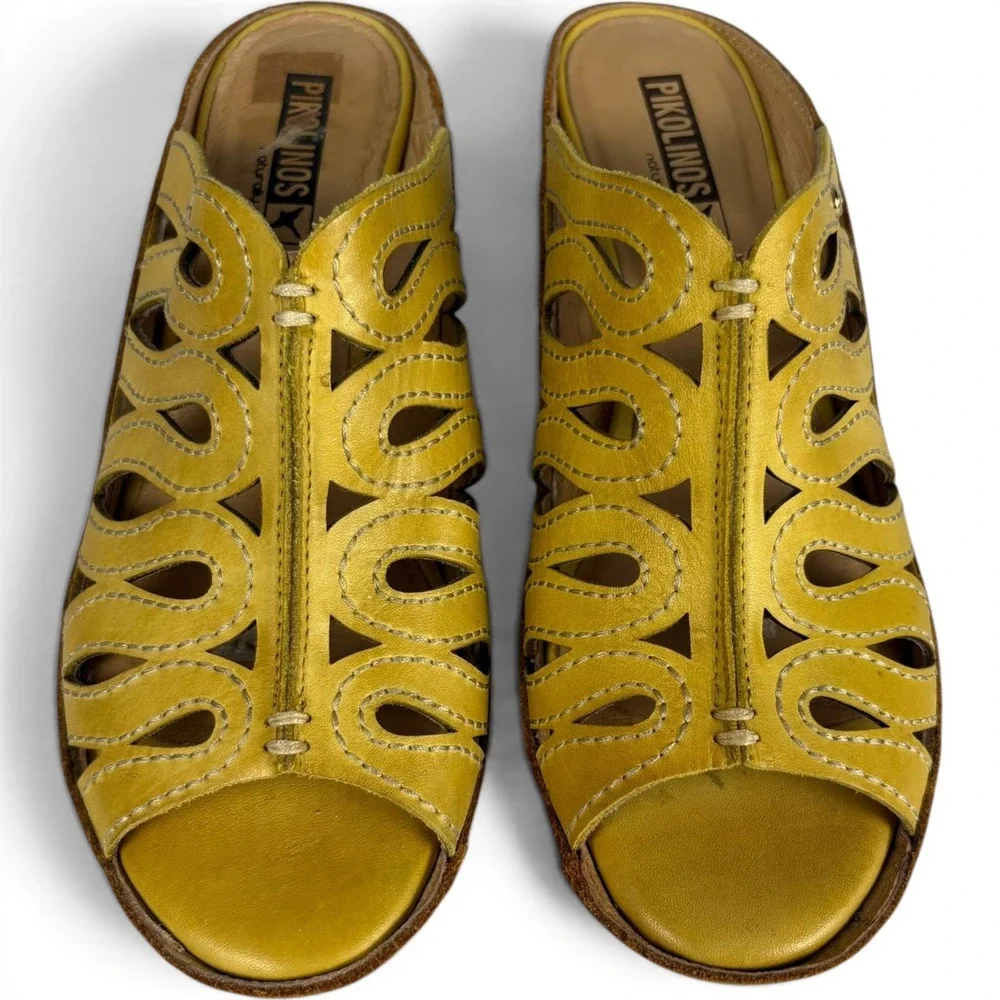 Pikolinos Womens 38 Yellow Leather Cutout Wedge Mules Sandals Peep Toe Spain
